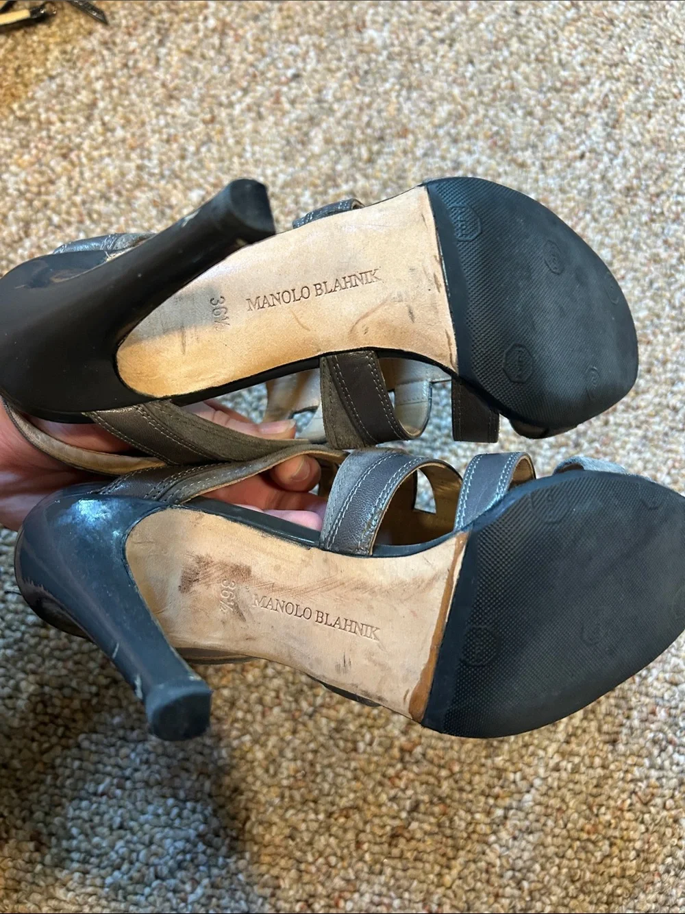 Manolo Blahnik Gray Strappy Suede & Leather Heels
